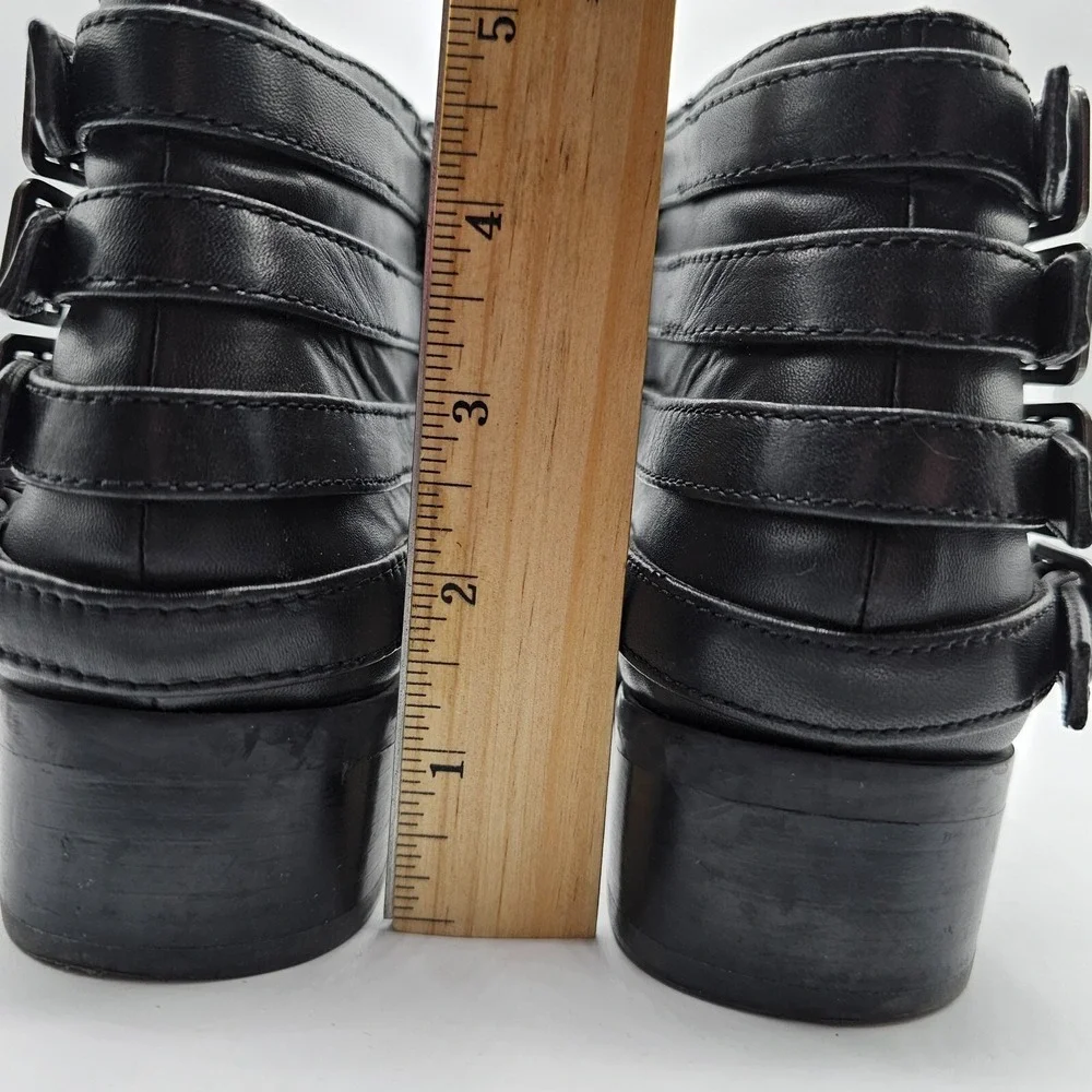 Franco Sarto Cyan Boots Women 6.5 Black Leather Ankle Booties Buckles Block Heel